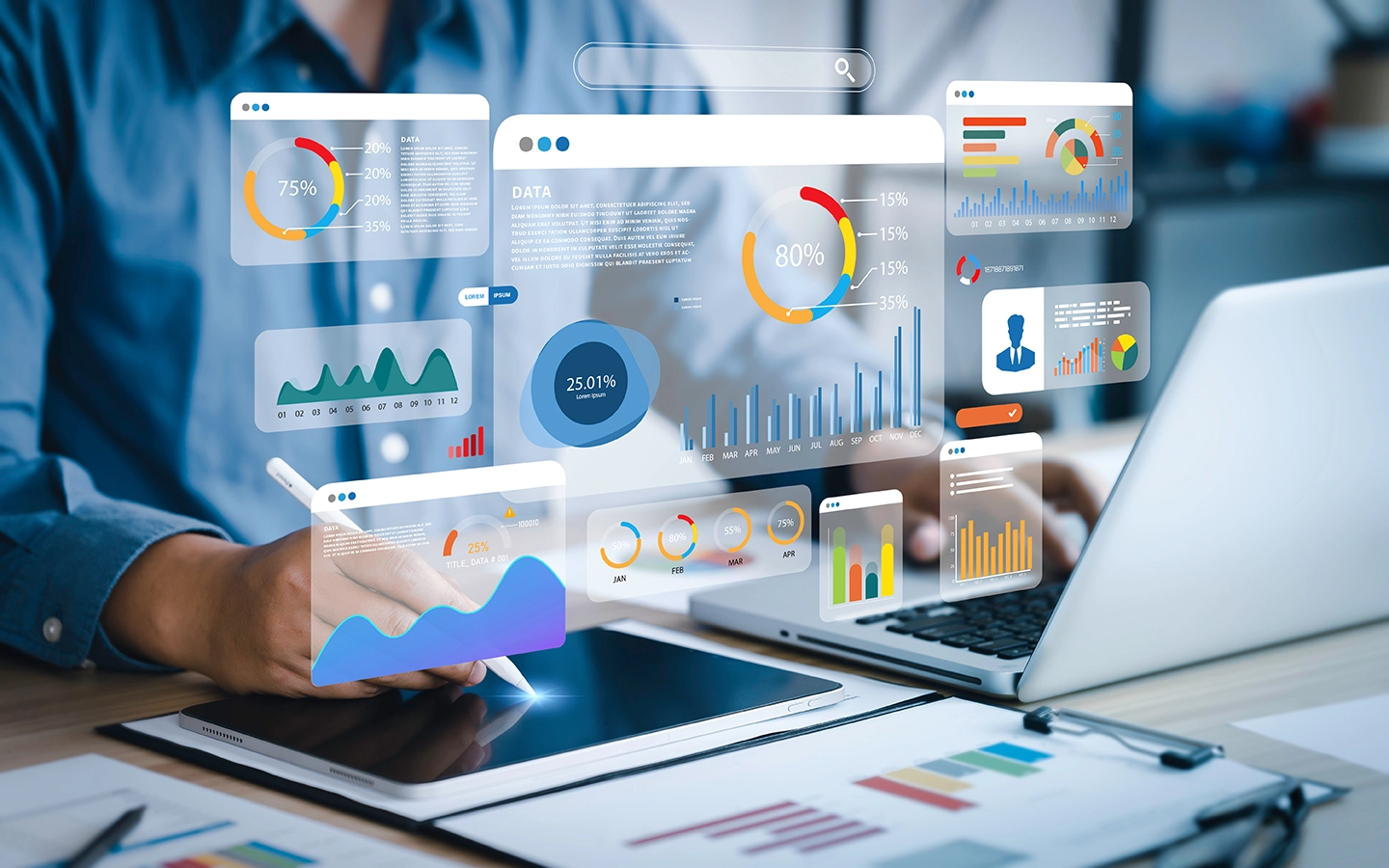 Digital interfaces floating over laptop